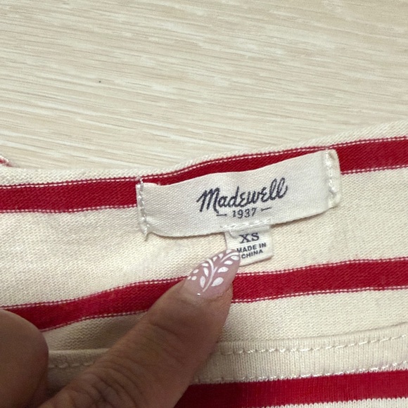 3/$10 Madewell Striped Red Cream Tee with BEACH Logo - Picture 3 of 8